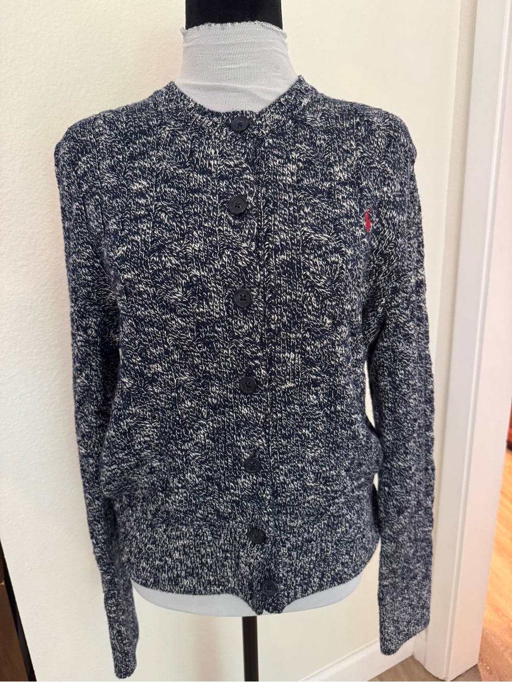 Polo by Ralph Lauren Navy Marled Cable Knit Button Cardigan with Red Polo Logo